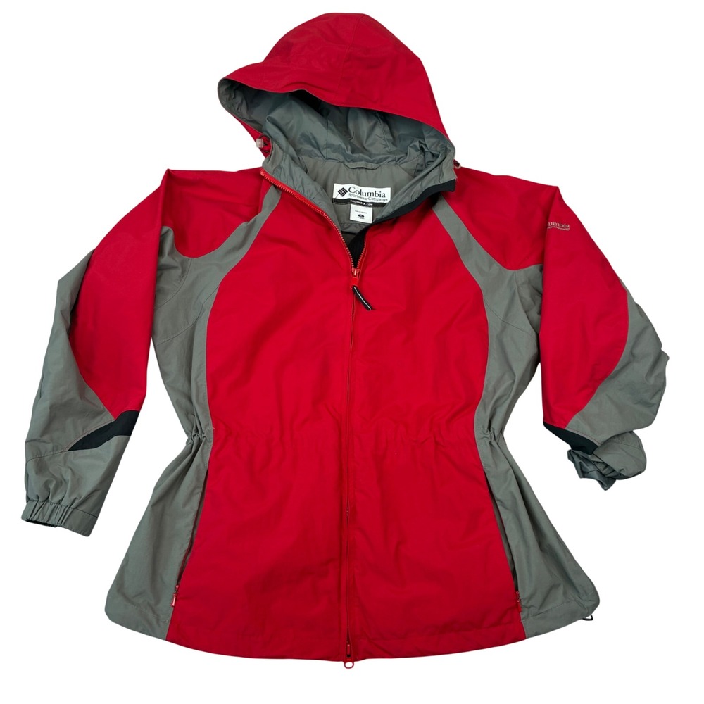 Columbia Windbreaker Jacket Womens XL Red Grey Hooded Cinched Waist RL2055